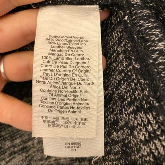 Pure DKNY Open Front lamb skin Leather Sleeve sweater Cardigan wool linen  M/L - Picture 6 of 11